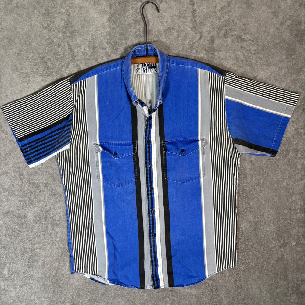 VTG Roper Rodeo Blue L Western Short Sleeve Striped Button Up Shirt Blue Black